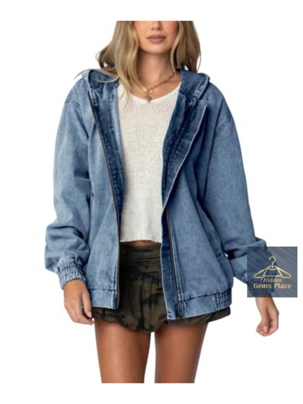 Hooded Denim Jacket Women Casual Jean Bomber Coat Zip Up Long Sleeve